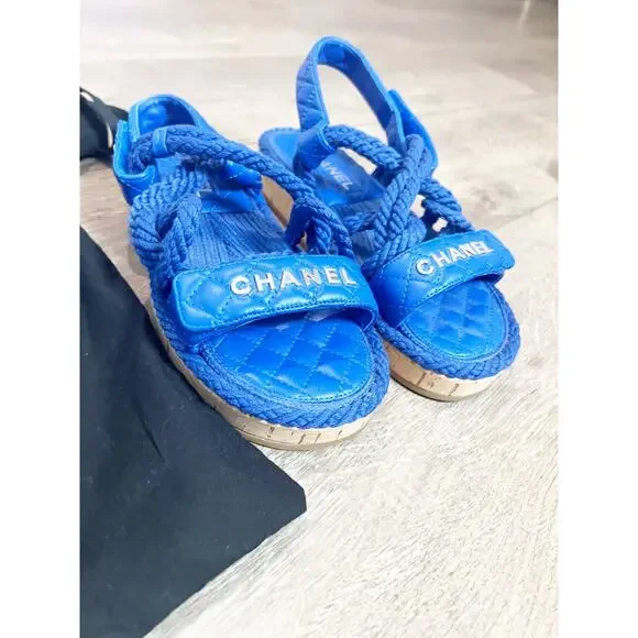 CHANEL Blue Cord Lambskin Quilted Cork PlatformLogo Sandals Size 6.5